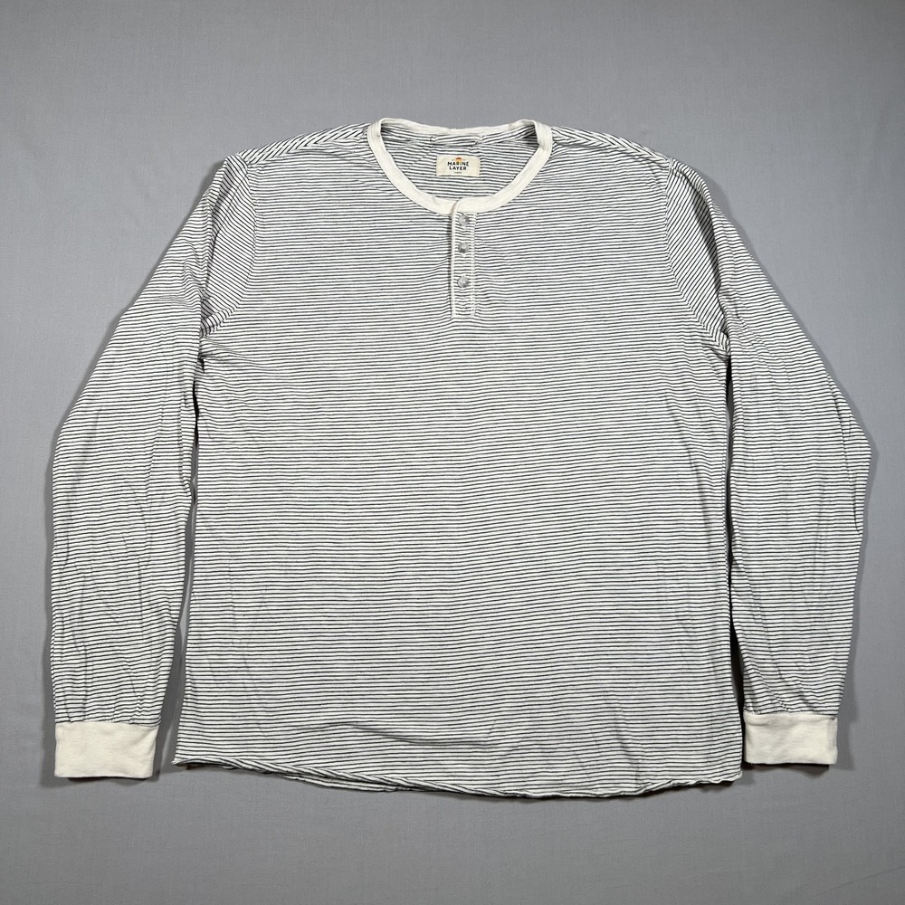 Marine Layer Mens Large Henley Shirt Long Sleeve Striped White Navy RN140892